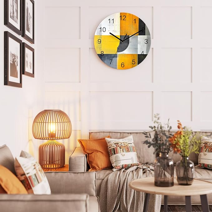 Abstract Style Wall Clock Battery Operated Non-Ticking 12" Round Wood Clocks, Gary Yellow Color Block Oil Painting Kitchen Wall Clock for School Bathroom Living Room Home Office Wall Decor