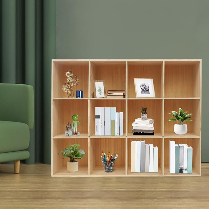 12-Cube Storage Organizer Solid Wood Cube Shelf with Deep Compartments, 220 lbs Capacity Wooden Cubby Bookcase for Living Room, Office, Dorm (12 Cube)