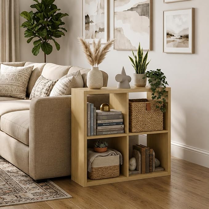 Endearing Limons【2026 Wooden Thick Border】 4 Cube Shelf Storage Organizer with Anti-Tipping Kits + Reversible Open Back Bookcase (11 * 11 Unit Cell Oak)