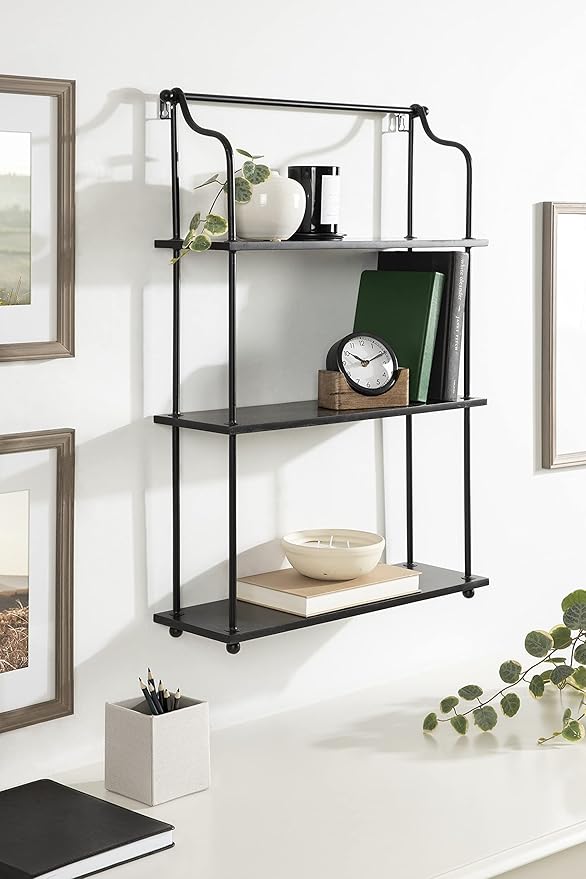 Kate and Laurel Walters Modern 3-Tier Hanging Shelf; 21 x 32; Black; Decorating Wall Mounted Storage Shelf for Wall