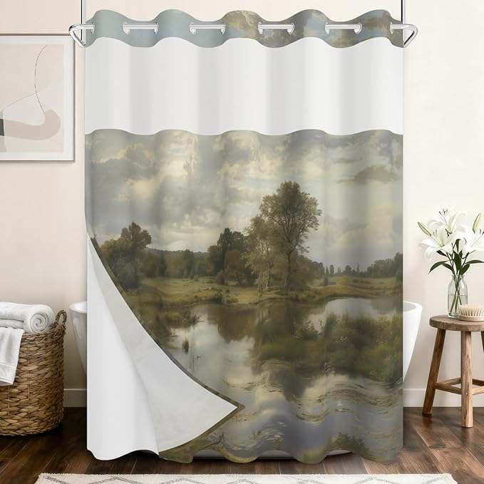 No Hook Shower Curtain with Snap in Liner, Rustic Countryside Landscape Lake Print - Mesh Top Waterproof Bath Tub Curtain Set for Farmhouse Cottage Nature Bathroom Decor, 71W x 74H