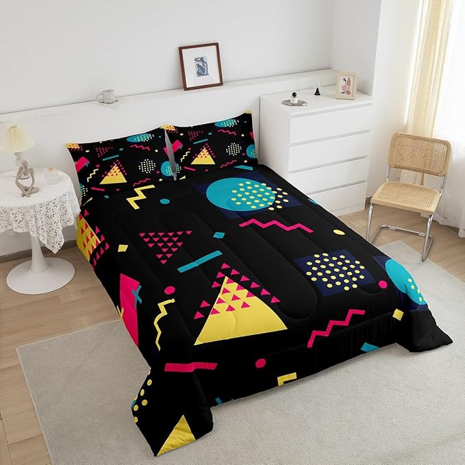 Manfei Memphis Comforter Set Twin Size, Retro 80s 90s Geometric Fashion Style Bedding Set 2pcs for Kids Boys, Triangle Circle Vintage Quilt Set Soft Polyester Duvet Set with 1 Pillowcase