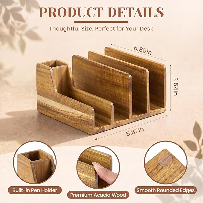 Novabright Acacia Wood Mail Organizer with Pen Holder, 5 Slot Desk File Organizer, Wooden Letter Sorter for Desk, Compact Desktop Document Holder for Home Office Storage