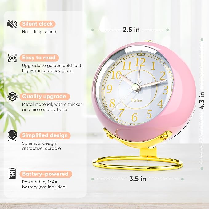 Analog Alarm Clocks,Retro Backlight Cute Simple design Small desk Clock With Night Light,Silent Non-Ticking,Battery Powered,For Kids,teens,Bedroom,travel,kitchen,Bedside Desk decor. (Light pink)