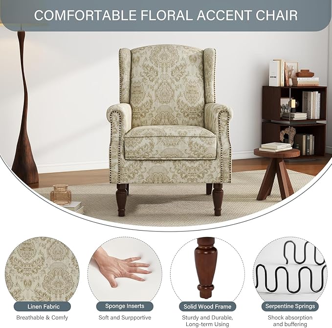 High Back Accent Chairs Set of 2, Fabric Wingback Chair Floral Upholstered Armchair for Living Room - White