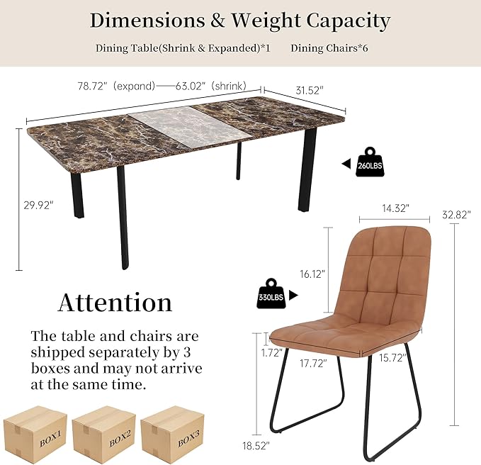 Extendable Dining Table Set for 6-8 People, 63 to 78.7 Inch MDF Kitchen Table with 6 Upholstered Chairs, Space-Saving for Dining Room, Breakfast Nook (Brown Table & 6 Brown U-Shaped Chairs)