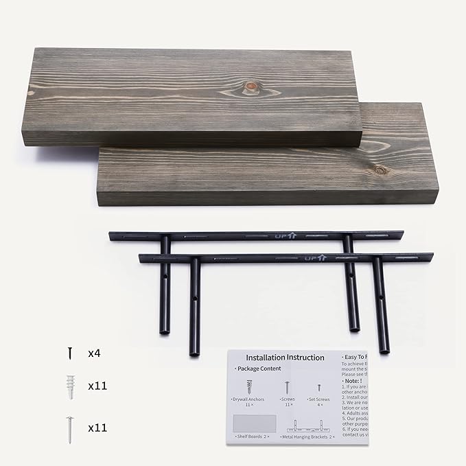Fun Memories European Pine Floating Shelves for Wall, Mounted Shelf for Decor Storage Set of 2 - Natural Rustic Wooden Wall Shelf for Kitchen Bathroom Living Room Bedroom Farmhouse - Grey