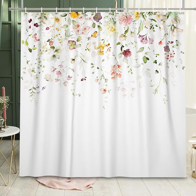 Floral Shower Curtain, Watercolor Flower Colorful Wildflower Machine Washable Waterproof Fabric for Bathroom Bathtub Decor with Hooks 72x72