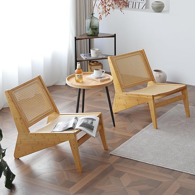 Mid Century Modern Accent Chair Set of 2 for Living Room, Low Armless Lounge Chair with Solid Wood Frame, Comfy Armchair for Bedroom and Balcony, Wood