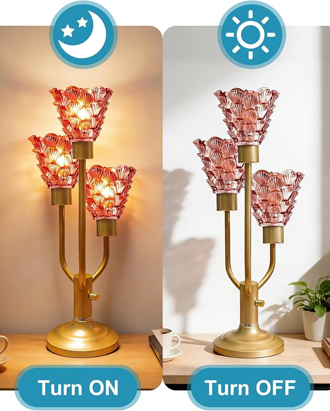 Lightdot Mid Century Modern Table Lamp for Living Room Dimmable Nightstand Lamp Red Glass Vintage Gold Desk Lamp 3 Bulbs Included Warmwhite Ambient Bedside Lamps for Bedroom Home Office Decor Gift