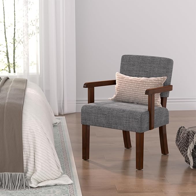 Accent Chair,Armchairs with Solid Wood Frame and Legs,Upholstered Reading Leisure Chair for Bedroom,Office,Waiting Room (Linen, Gray, One Chair)
