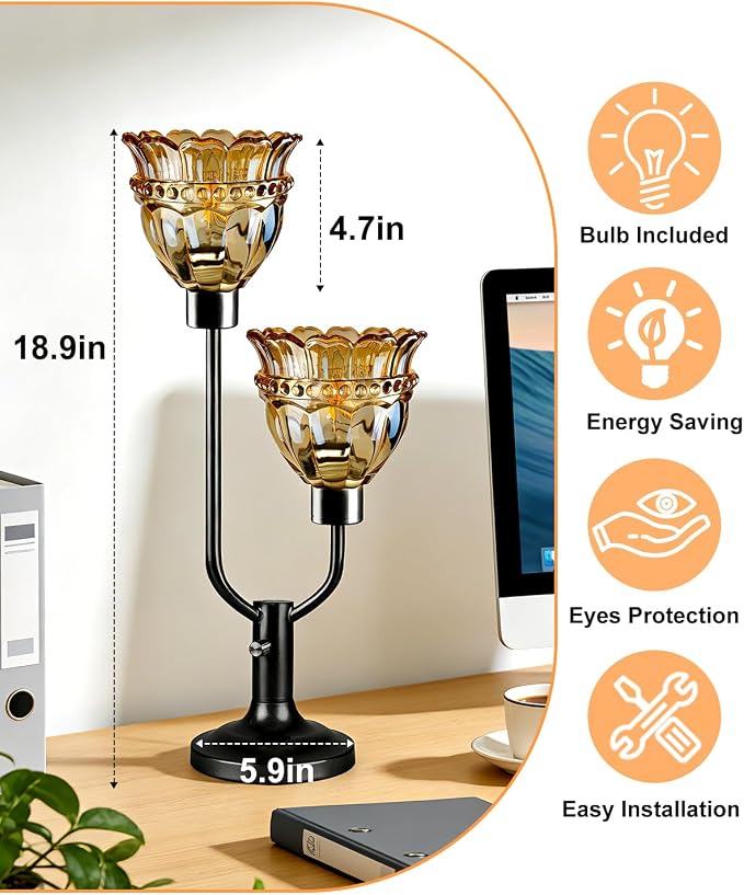 Lightdot Vintage Table Lamp for Living Room Dimmable Mid Century Modern Black Desk Lamp Amber Glass Nightstand Lamp 2 Bulbs Included Warmwhite Ambient Bedside Lamps for Bedroom Home Office Decor Gift