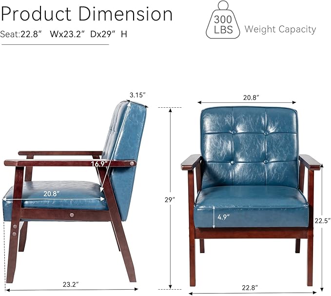 Okeysen Accent Chairs Set of 2, Mid Century Modern Accent Chair, Retro Wood and Leather Armchairs Side Chair, Lounge Reading Comfy Arm Chair for Living Room, Bedroom, Office (Blue)