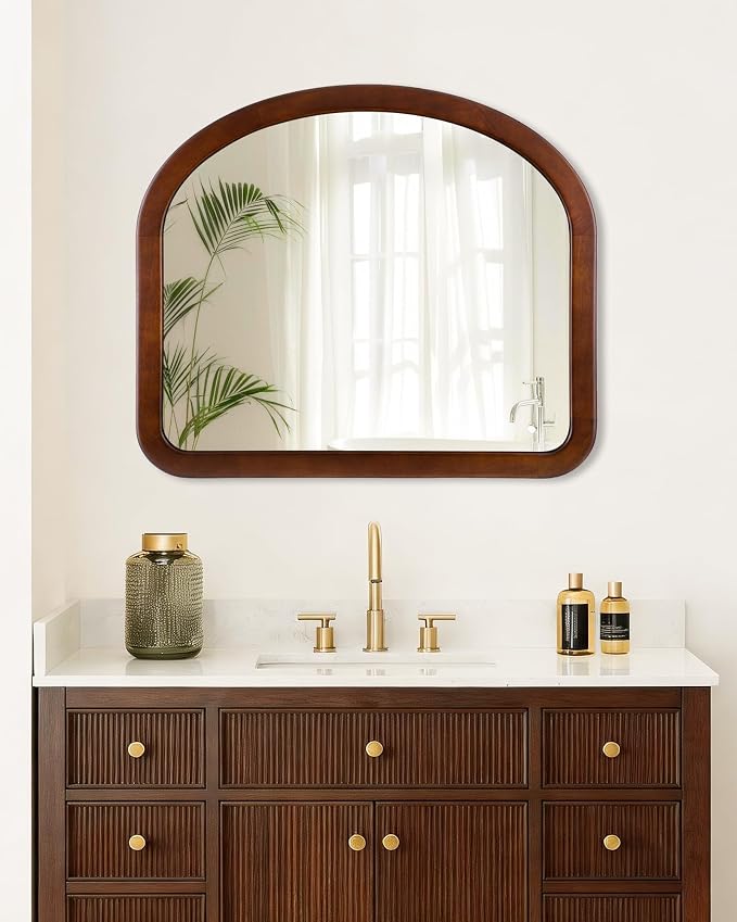 Arched Mirror 34 x 29 Inch,Walnut Brown Wood Rustic Bathroom Tempered Wall Mirror with Wood Frame,Round Corner Arch Farmhouse Wooden Vanity Mirror for Living Room,Entryway or Bedroom