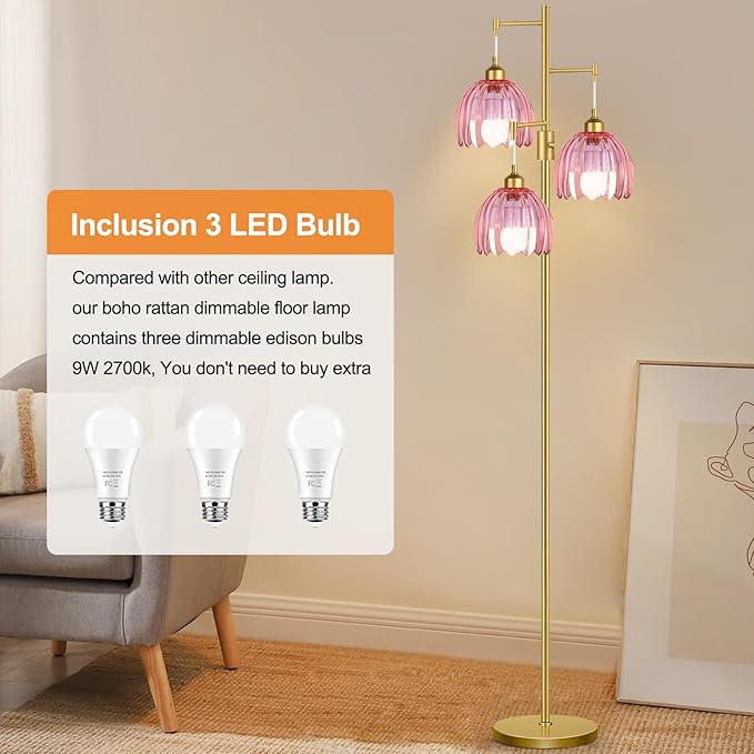 ZECOXOL Gold Floor Lamps for Living Room Vintage Pink Floor Lamp with Glass Lmapshape & Three Led Bulb,Dimmable Mid Century Modern Standing Lamp Tall Tree Flower Floor Lamps for Bedroom,Office,Corner