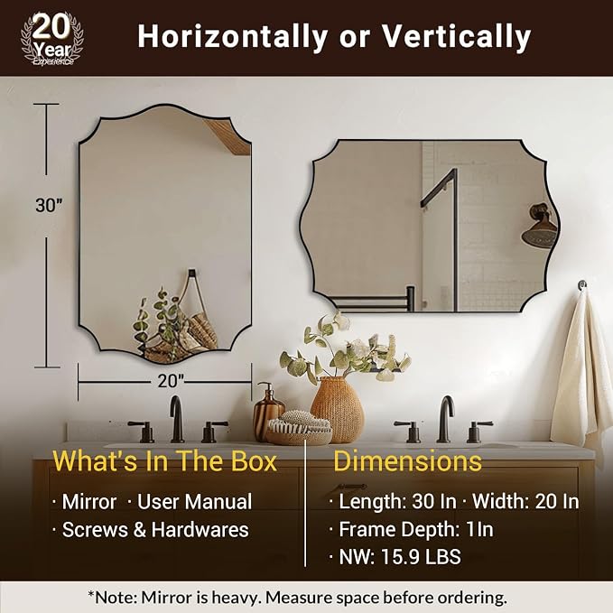 ANDY STAR 20"x30" Black Vanity Mirror, Mirrors for Bathroom Sink, Black Scalloped Mirror in Premium Stainless Steel Thin Frame, Elegant Curved Scallop Design, Ideal for Home Remodel