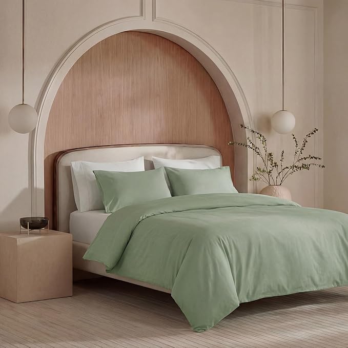 100% Washed Cotton Duvet Cover King Size – Sage Green, Linen-Like Texture, Super Soft & Breathable Bedding Set, 3-Piece Durable Percale Comforter Cover