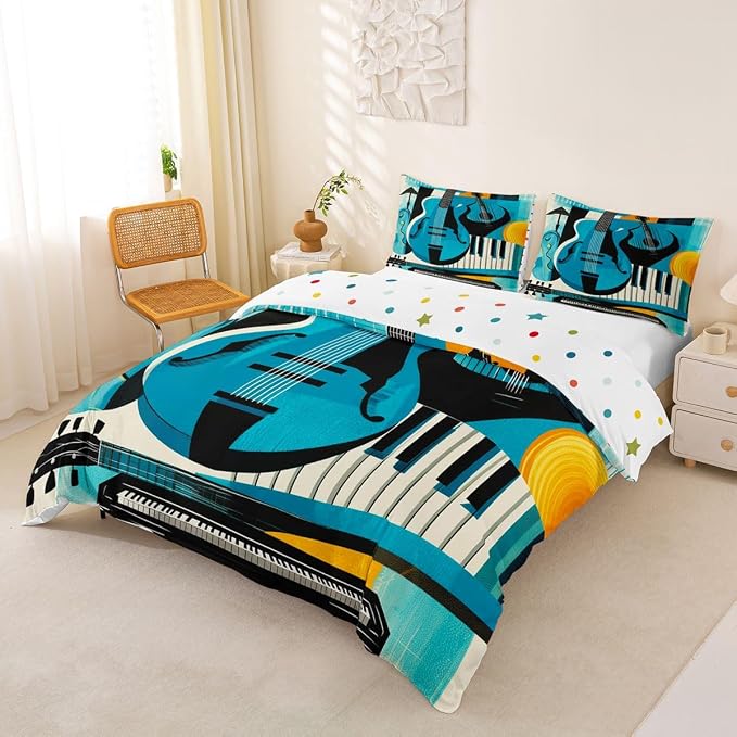 Erosebridal Retro Music Duvet Cover Queen for Adults - Modern Musical Instrument Bedding Set Abstract Geometric Square Comforter Cover,Mid Century Jazz Bed Set