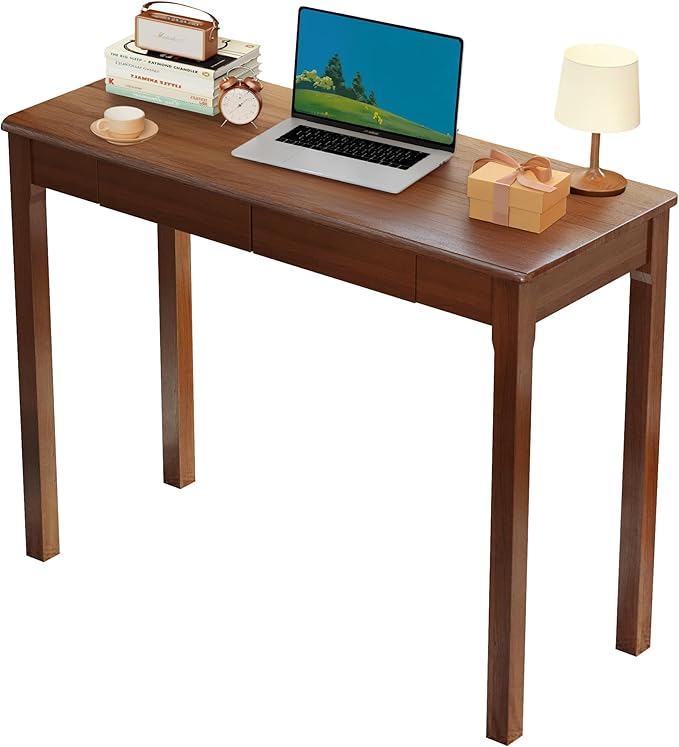 Solid Wood Desk with Drawers - 39" Narrow Desks for Small Spaces, Mid Century Modern Desks, Small Wooden Vintage Computer Writing Desk, Study Table for Home Office Bedroom, Walnut