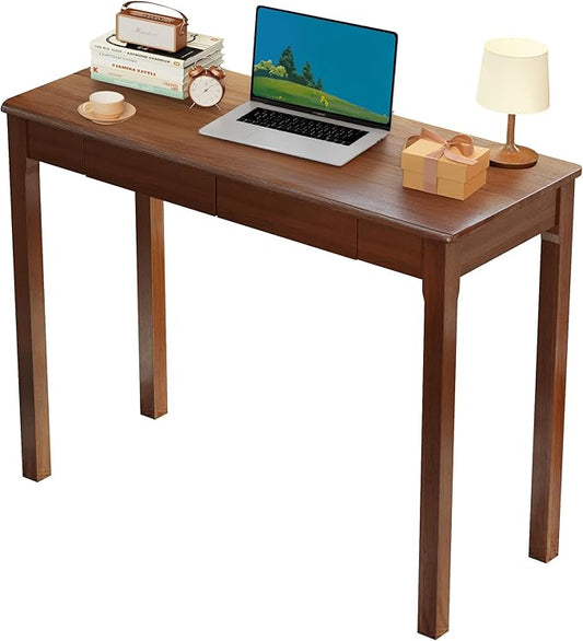 Solid Wood Desk with Drawers - 39" Narrow Desks for Small Spaces, Mid Century Modern Desks, Small Wooden Vintage Computer Writing Desk, Study Table for Home Office Bedroom, Walnut