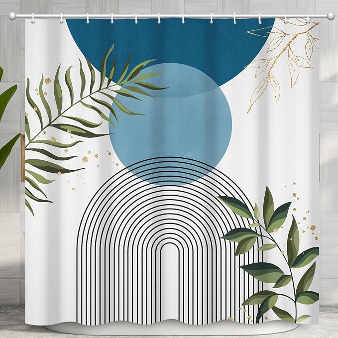 Boho Mid Century Shower Curtain, Light Blue Modern Minimalist Abstract Geometric Gold Plant Leaves Sun Arch Bathroom Curtains Waterproof Fabric Buthtub Curtain Set with Hooks 66" Wx72 L