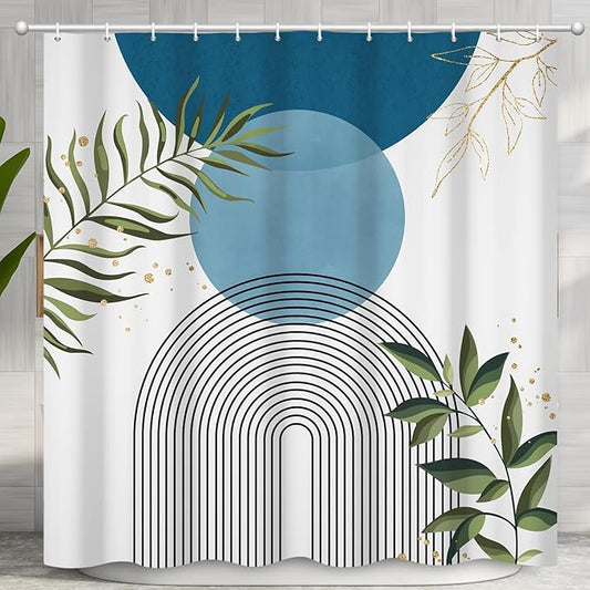 Boho Mid Century Shower Curtain, Light Blue Modern Minimalist Abstract Geometric Gold Plant Leaves Sun Arch Bathroom Curtains Waterproof Fabric Buthtub Curtain Set with Hooks 60" Wx72 L