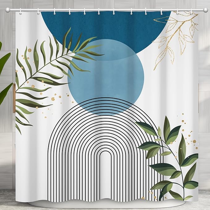 Boho Mid Century Shower Curtain, Light Blue Modern Minimalist Abstract Geometric Gold Plant Leaves Sun Arch Bathroom Curtains Waterproof Fabric Buthtub Curtain Set with Hooks 48" Wx72 L