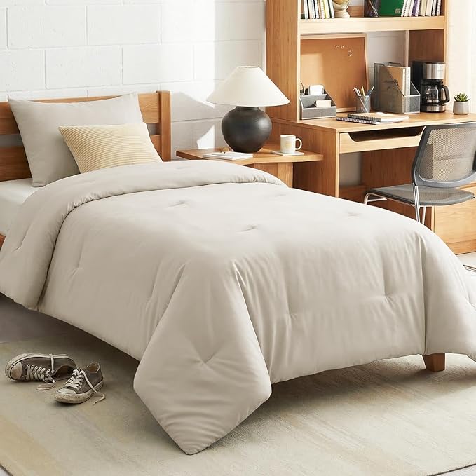 CozyLux Twin Comforter Set College Dorm Essentials, 2 Pieces Beige Twin Extra Long Solid Bedding Sets, Twin XL Bed Set with Down Alternative Comforter and 1 Pillowcase, Back to School Room Gift