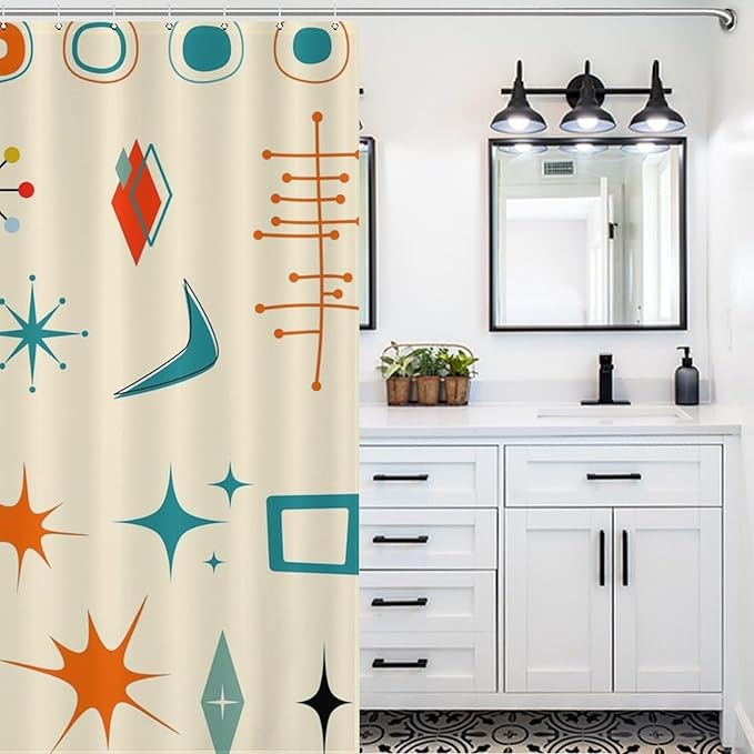 Mid Century Modern Shower Curtain,Vintage Iconic Atomic Modern Retro Space Abstract Geometric Fabric Bathroom Decor Curtains with Hooks 72x72in（183x183cm）