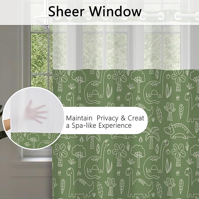 No Hook Shower Curtain with Snap in Liner for Kids Bathroom – Green Dinosaur Print Fabric Shower Curtain, Cartoon Funny Bath Decor with See Through Top Window for Boys and Girls, 71x74 Inch