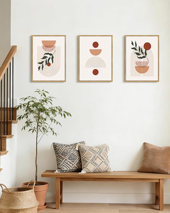 Drsoum Green Botanical Boho Plant Wall Art Framed Modern Sage Wall Decor Abstract Geometry Lines Artwork Hallway Bedroom Prints Ready to Hang 11x14in Natural Framed
