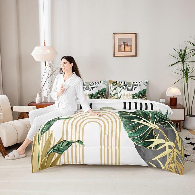 Erosebridal Boho Mid Century Bed in A Bag 7 Pcs Vintage Minimalist Art Comforter Set for Women Men Abstract Tropical Aesthetic Bedding Sets King Retro Botanical Leaves Sun Sheet Set with Comforter