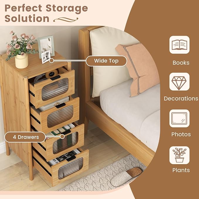 Giantex 4 Drawer Storage Cabinet, Bamboo Storage Organizer with Fluted Tempered Glass Drawers, Mid Century Modern Floor Cabinet for Living Room, Bathroom, Study, Entryway, Natural