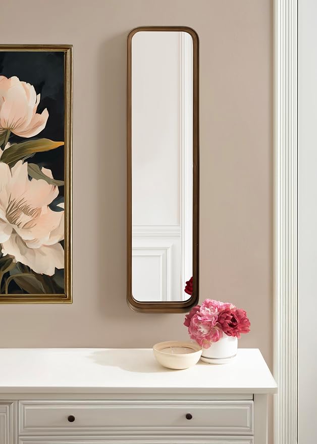 Kate and Laurel Armenta Modern Slim Rectangle Wall Mirror, 9 x 36, Gold, Decorative Rounded Rectangular Panel Mirror with Narrow Metal Frame for Bedroom Floor Mirror