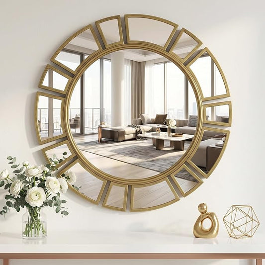 CozyDH Retro Gold Sunburst Mirror Decor - 24 inch Round Wall Mirror Decorative with Metal Frame Modern Bohemian Sun Art Decor Mirror for Entryway Bedroom Living Room Hallway Bathroom Fireplace
