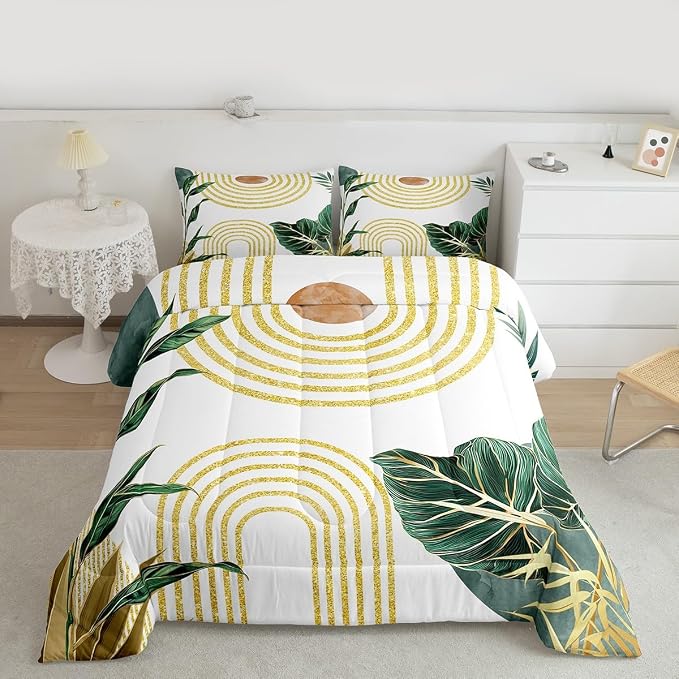 Erosebridal Modern Boho Green Comforter Minimalist Mid Century Toddler Bedding Set Simple Aesthetic Art Bedding for Kids Adults Minimalism Plant Duvet Insert 2Pcs Room Decor