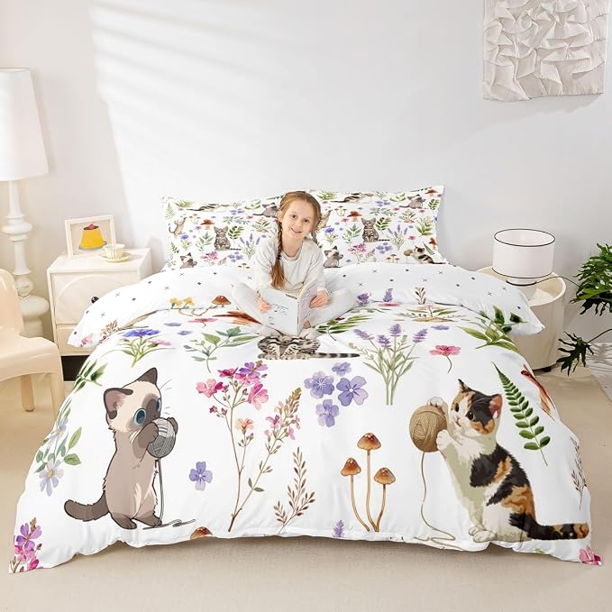 Erosebridal Cute Cat Bedding Set King Kitten Cat Lovers Duvet Cover Nature Watercolor Florals Comforter Cover for Kids Girls Boys Adults Pet Animals Bed Set