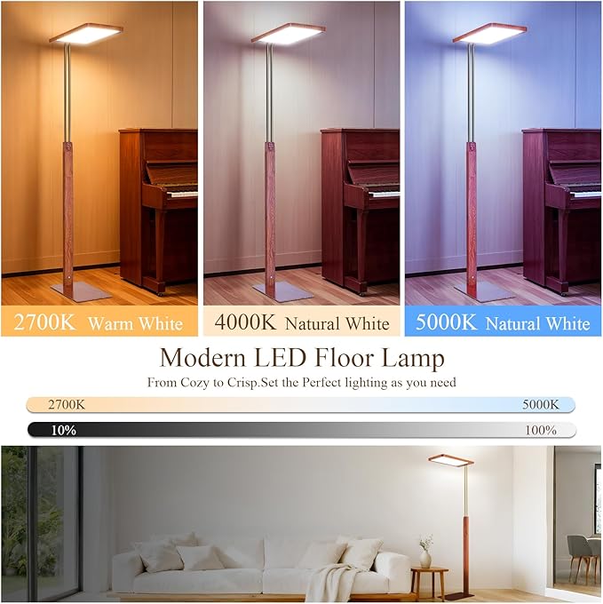 STERREN Vintage Farmhouse Industrial Floor Lamp, 76'' Full Spectrum Eye-Care Height Adjustable Reading Lamp, 2700K-5000K Dimmable Office LED Light for Study Room, Meeting Room, Mahogany
