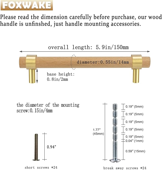 Natural Wood Kitchen Cabinet Handles 3~5 Inch 12Set Center to Center Adjustable Double Hole Euro Scandi-Modern Dresser Knob, Unfinished DIY Drawer Pull, Brushed Brass Base