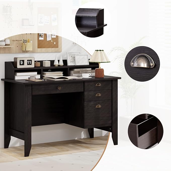 Safeplus 48" Computer Desk with 4 Storage Drawers and Hutch Wood Executive Table for PC Laptop