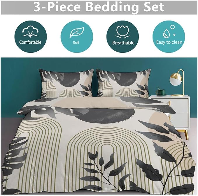 Mid Century Leaf Bedding Set,Boho Grey Tropical Plant Palm Leaves Abstract Minimalist Geometic Modern Comforter Set with Pillowcase for Bedroom Bed Decor，Twin 86"x70"