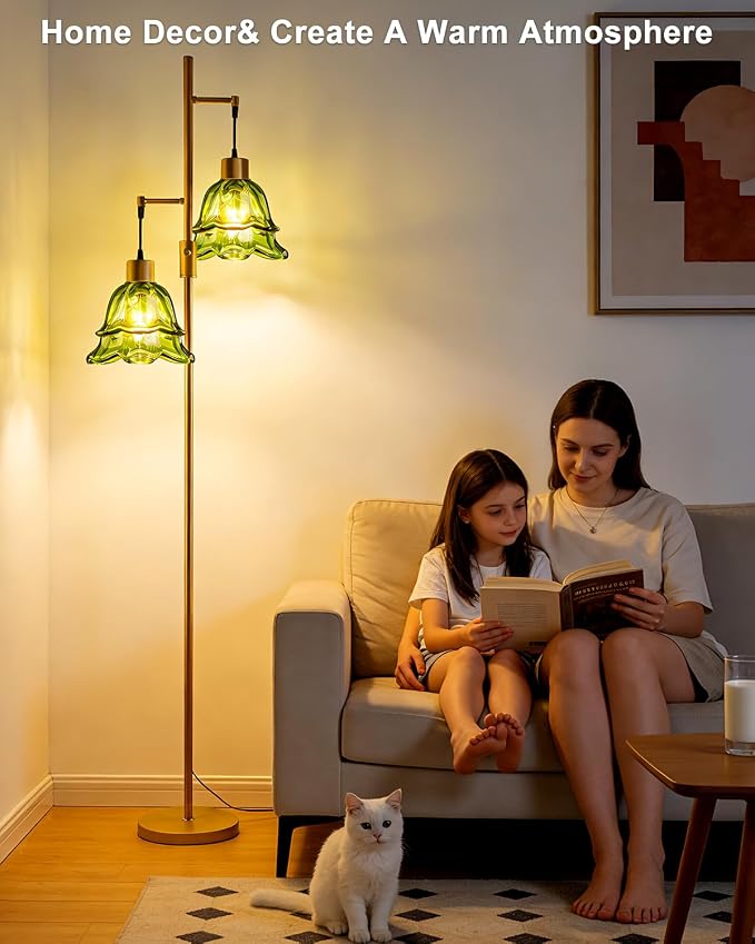 2-Light Modern Glass Floor Lamp, Gold Tall Standing Lamp with Green Tulip Glass Shade for Reading, Dimmable LED Floor Lamp with Rotary Switch for Living Room Bedroom Home Decor, Bulb Included