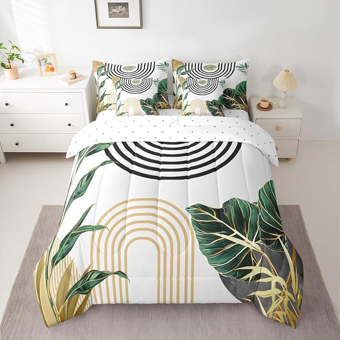Erosebridal Boho Mid Century Bed in A Bag 7 Pcs Vintage Minimalist Art Comforter Set for Women Men Abstract Tropical Aesthetic Bedding Sets King Retro Botanical Leaves Sun Sheet Set with Comforter