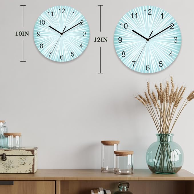 Abstract Wall Clock Battery Operated Non-Ticking 10" Round Wood Clocks, Sunburst Rays Light Blue Kitchen Wall Clock for School Bathroom Living Room Home Office Wall Decor