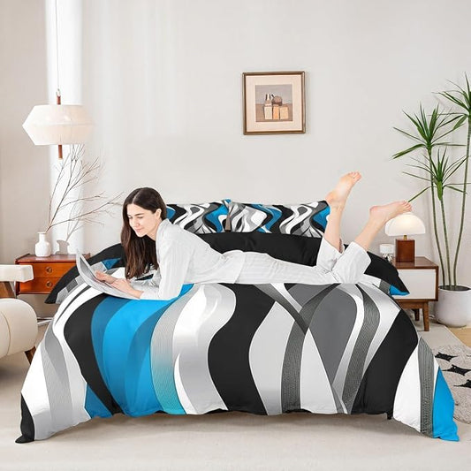 Blue Black Stripes Duvet Cover Set King Size,Abstract Striped Geometric Wave Bedding Set,Boys Girls Room Decor,Contemporary Art Geometric Comforter Cover,Simple Quilt Cover,2 Pillowcases(No Filler)