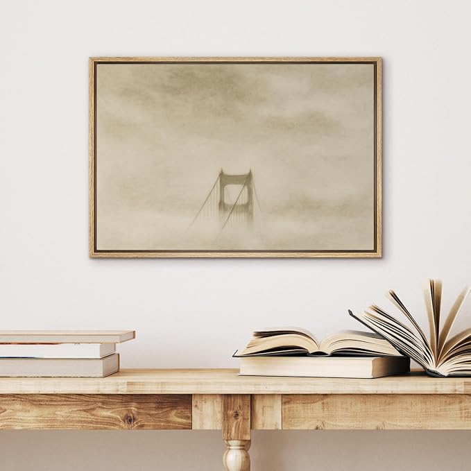 SIGNWIN Framed Canvas Print Wall Art Golden Gate Bridge in Fog Minimalist San Francisco Landmark Illustrations Minimalism Decorative Boho Retro for Living Room, Bedroom, Office - 24"x36" Natural