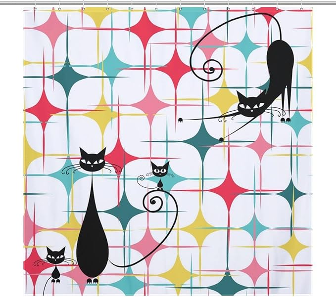 Mid Century Black Cat Shower Curtain,Retro Atomic Stars Abstract Iconic 60s Vintage Geometric Fabric Bathroom Decor Curtain with Hooks 72x72in（183x183cm）
