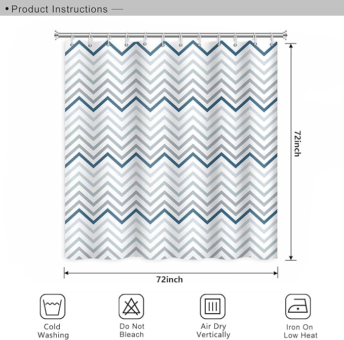 Grey and Blue Pattern Bathroom Shower Curtain Abstract Wave Geometry Line Bath Curtain with Hooks Waterproof Polyester Fabric Shower Curtains for Modern Artistic Bath Decorative, 72x72 Inch
