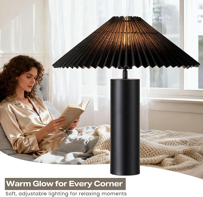 Modern Table Lamp with Metal Blade Lampshade and Cylindrical Base, E26 Bulb Compatible, Contemporary Accent Light for Living Room, Bedroom, Office (Black)