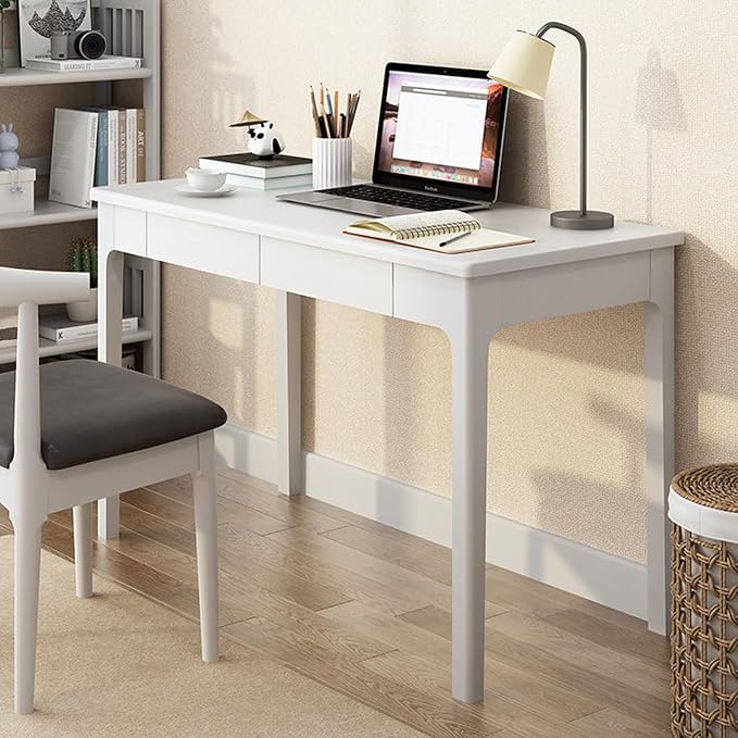 Solid Wood Desk with Drawers, Mid Century Modern Home Office Writing Desk, Vintage Computer Desk with Storage for Living Room, Bedroom(120x56x75cm, White)
